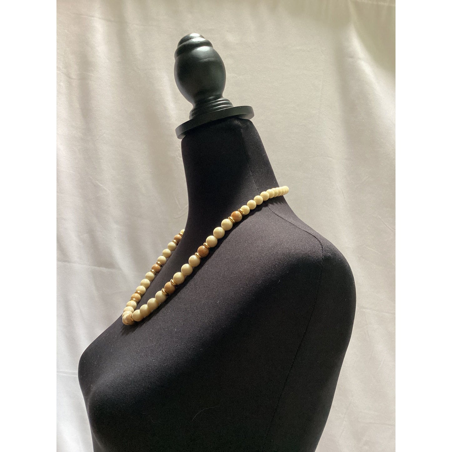 NECKLACE by Napier Vintage Cream Beige Color Beaded Gold Tone Spacers Signed 24 ”