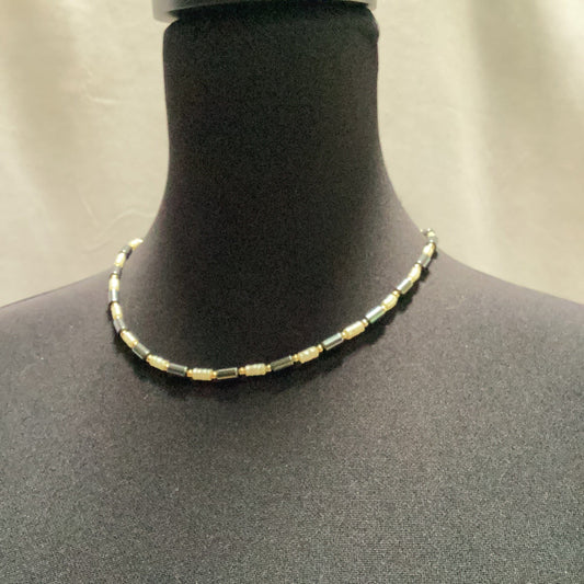 short Pearl, Black and gold Bali beads necklace