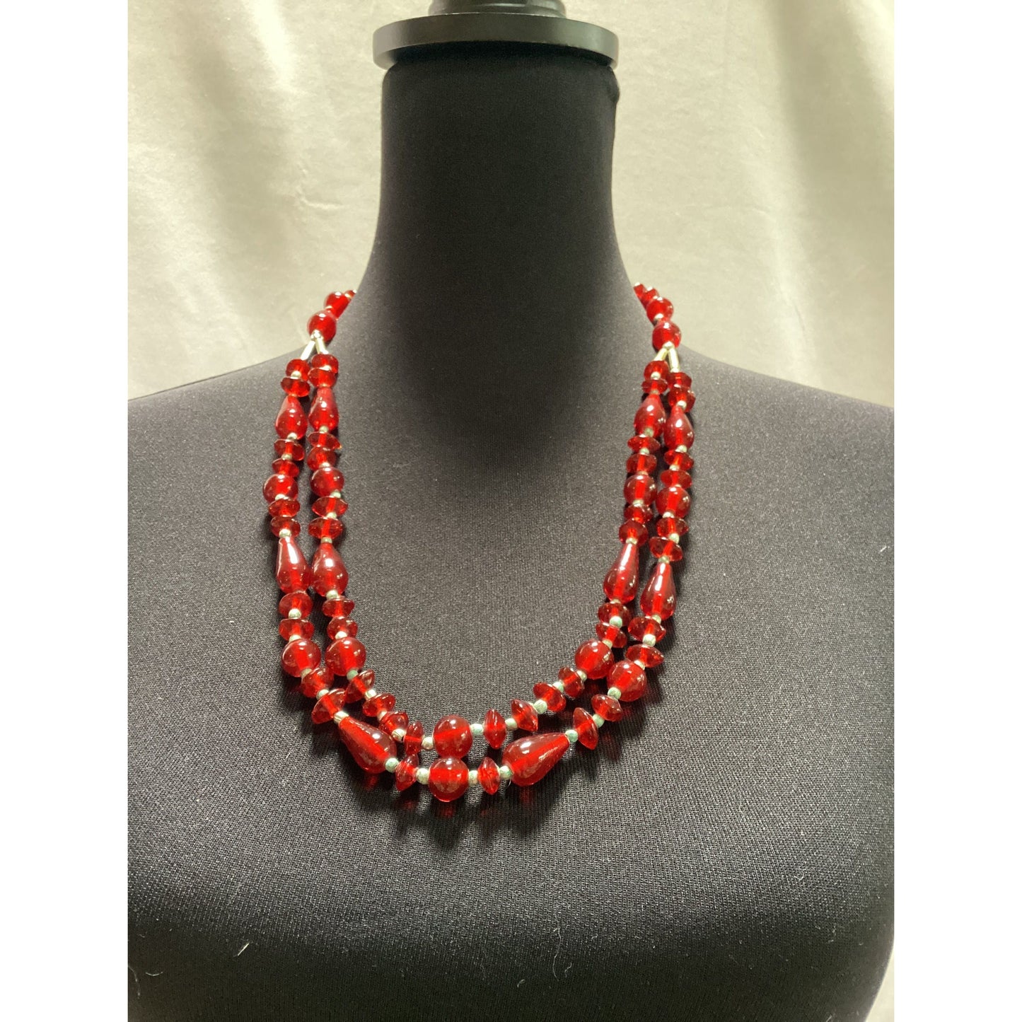Red Vintage Art Deco Double Strand Murano Millefiori Glass Bead Necklace