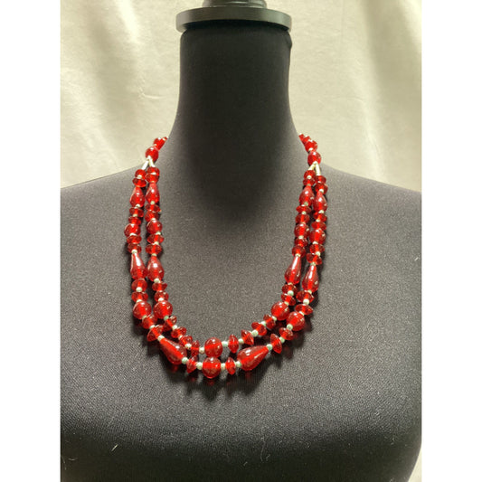 Red Vintage Art Deco  Double Strand Murano Millefiori Glass Bead Necklace