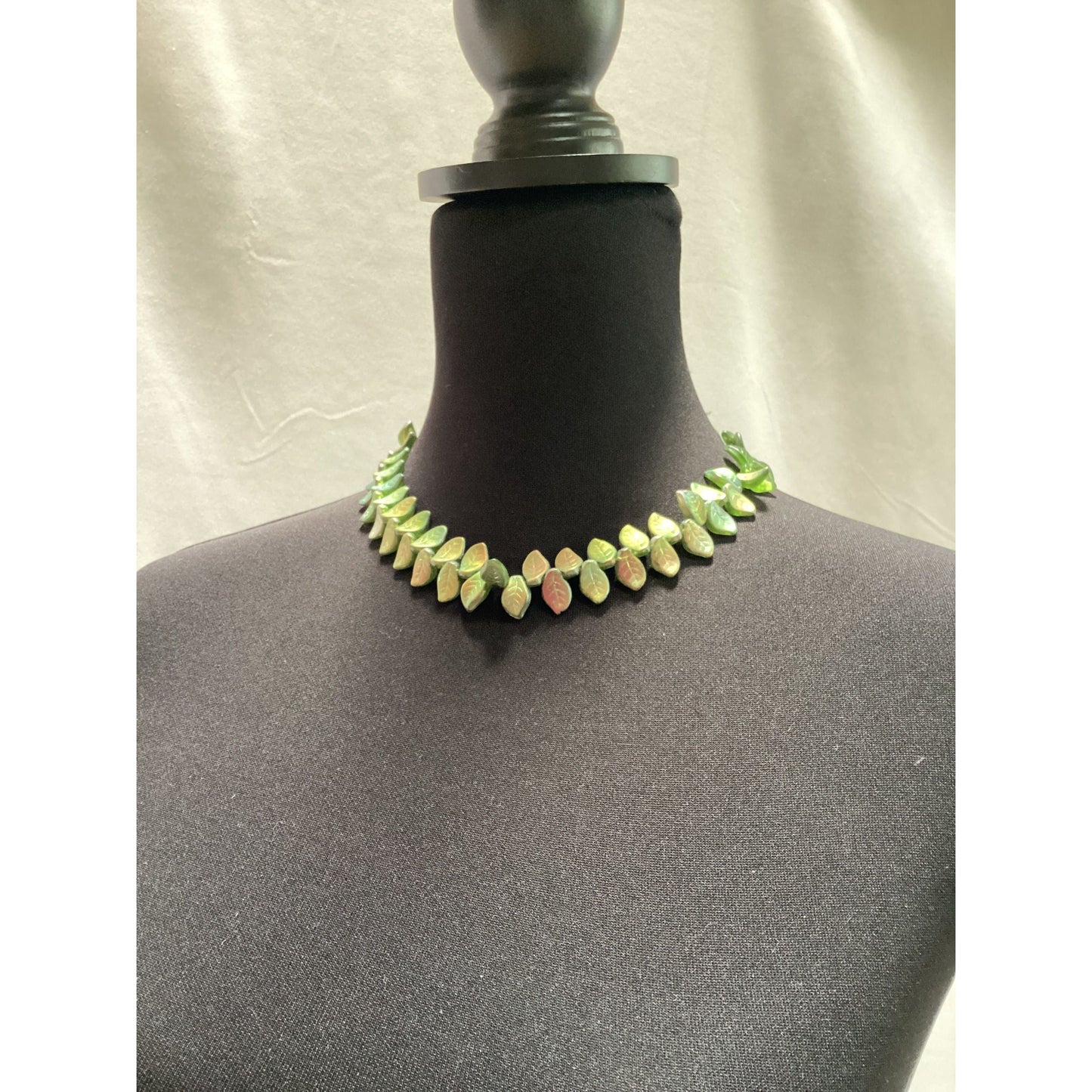 Bohemian Iridescent Glass Green Leaf Necklace