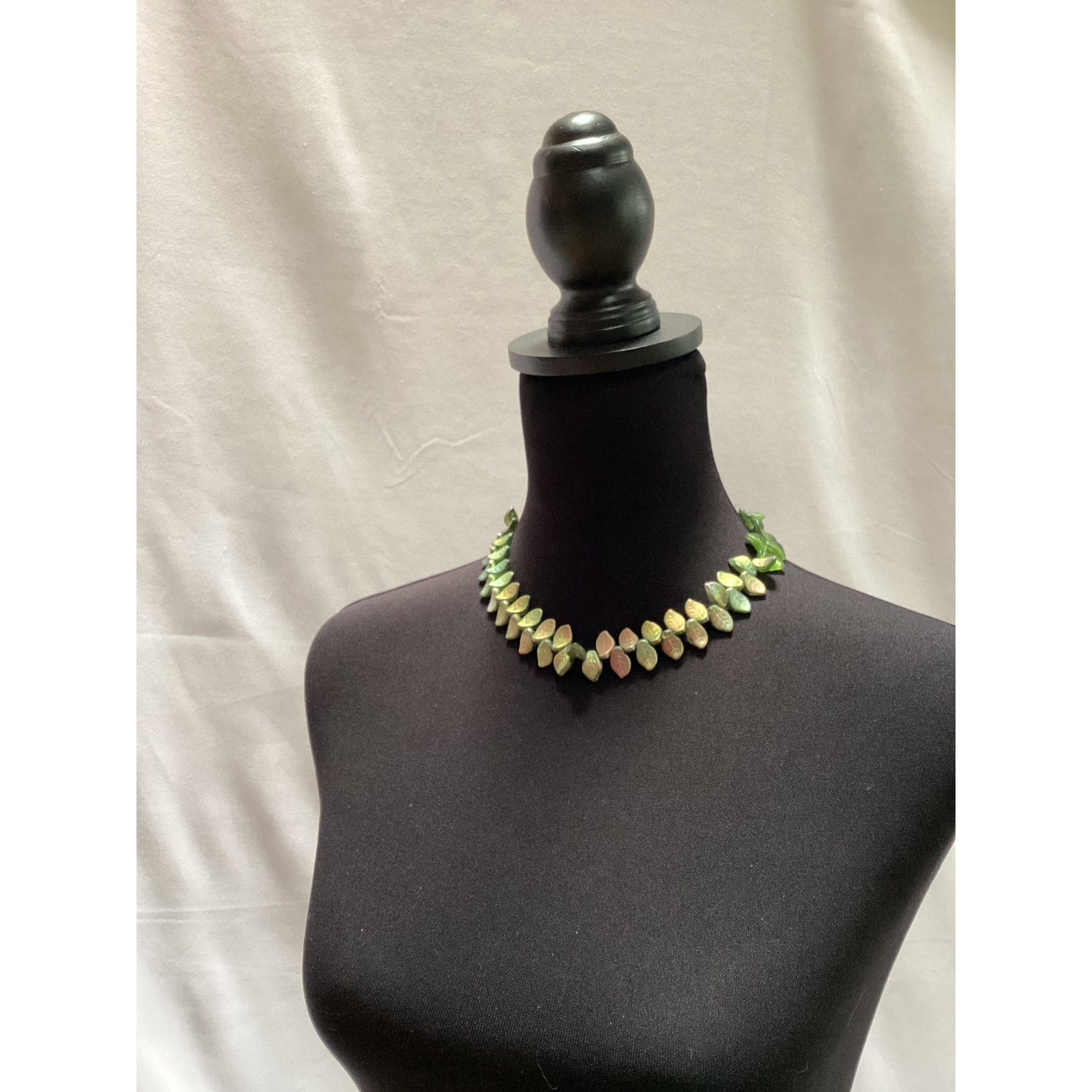 Bohemian Iridescent Glass Green Leaf Necklace