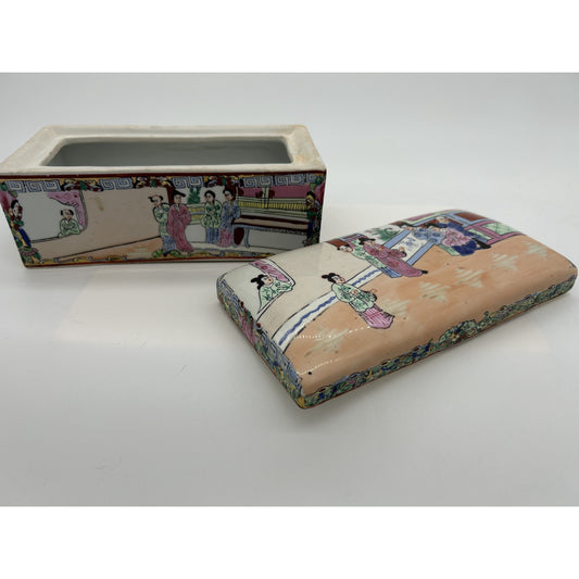Cloisonne` Porcelain  Chinese trinket Box . Canton Rose Medallion Style