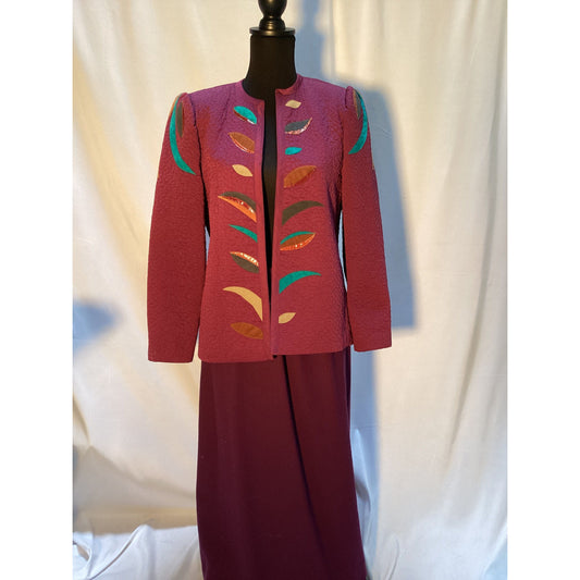 Red Crepe Suite with quilting and appliques on jacket.