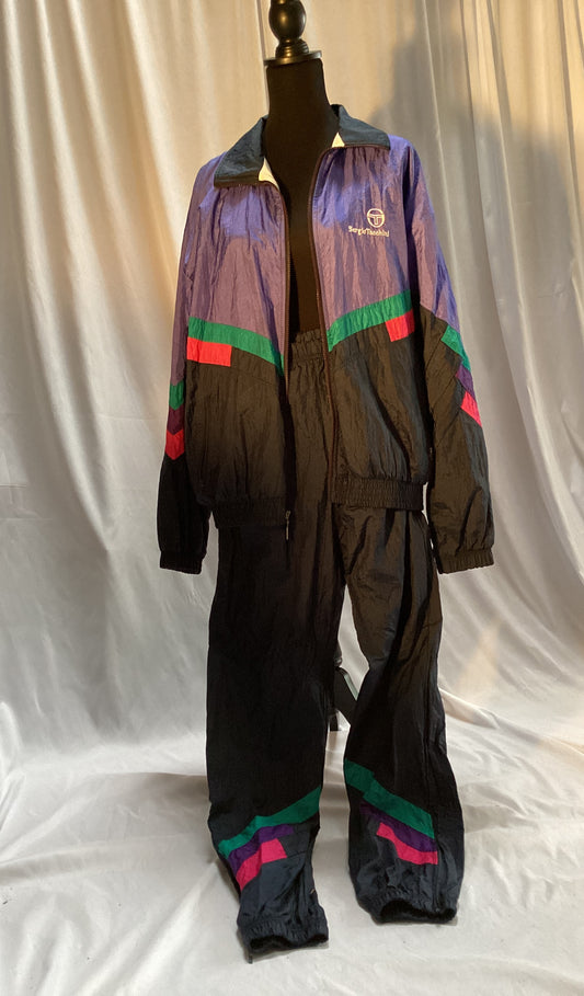 Men's Sergio Tacchini Warmup Suit Italy 2 pieces size 38 black with colored accents of red green and purple