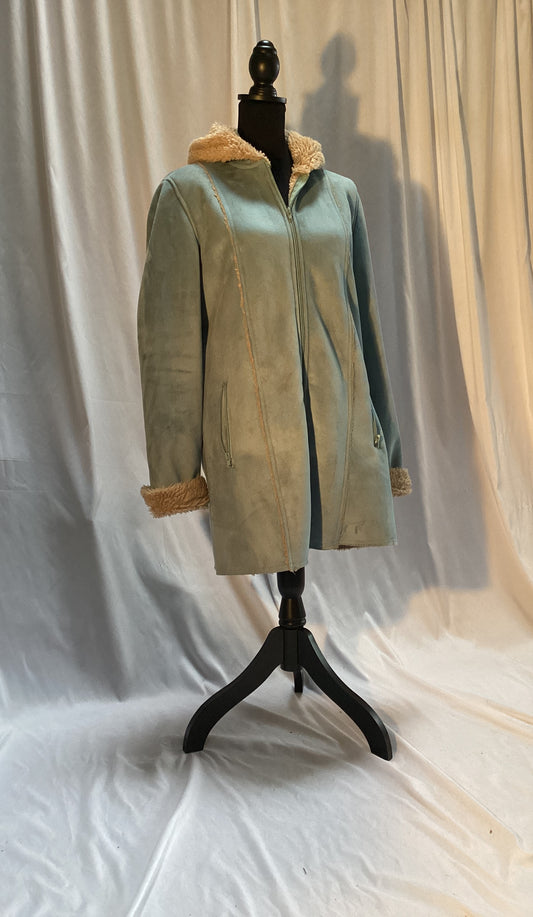 FLEECE LINED SUEDE COAT POWDER BLUE, SIZE LARGE BY OUTER EDGE ACRYLIC POLYESTER