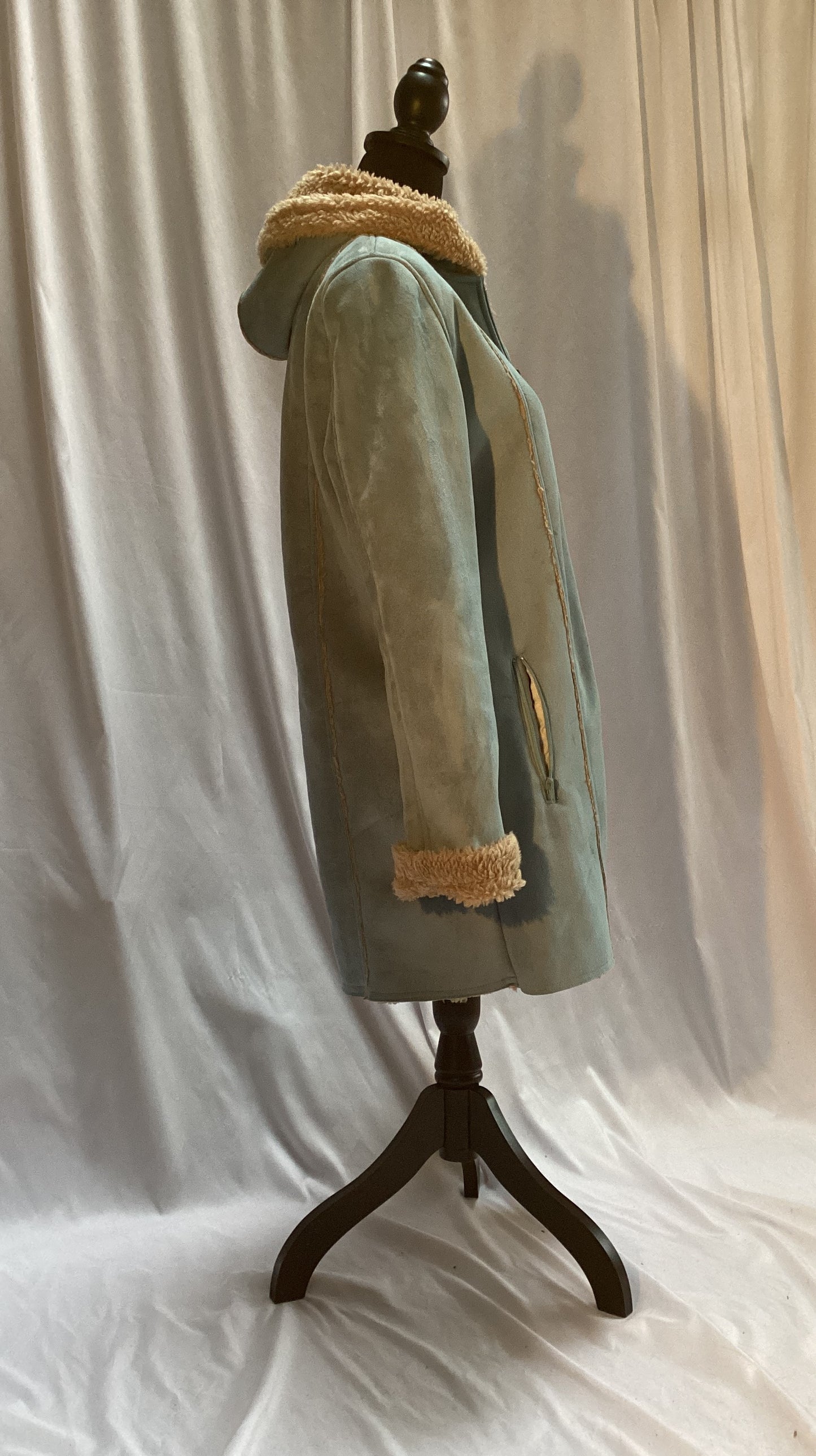FLEECE LINED SUEDE COAT POWDER BLUE, SIZE LARGE BY OUTER EDGE ACRYLIC POLYESTER