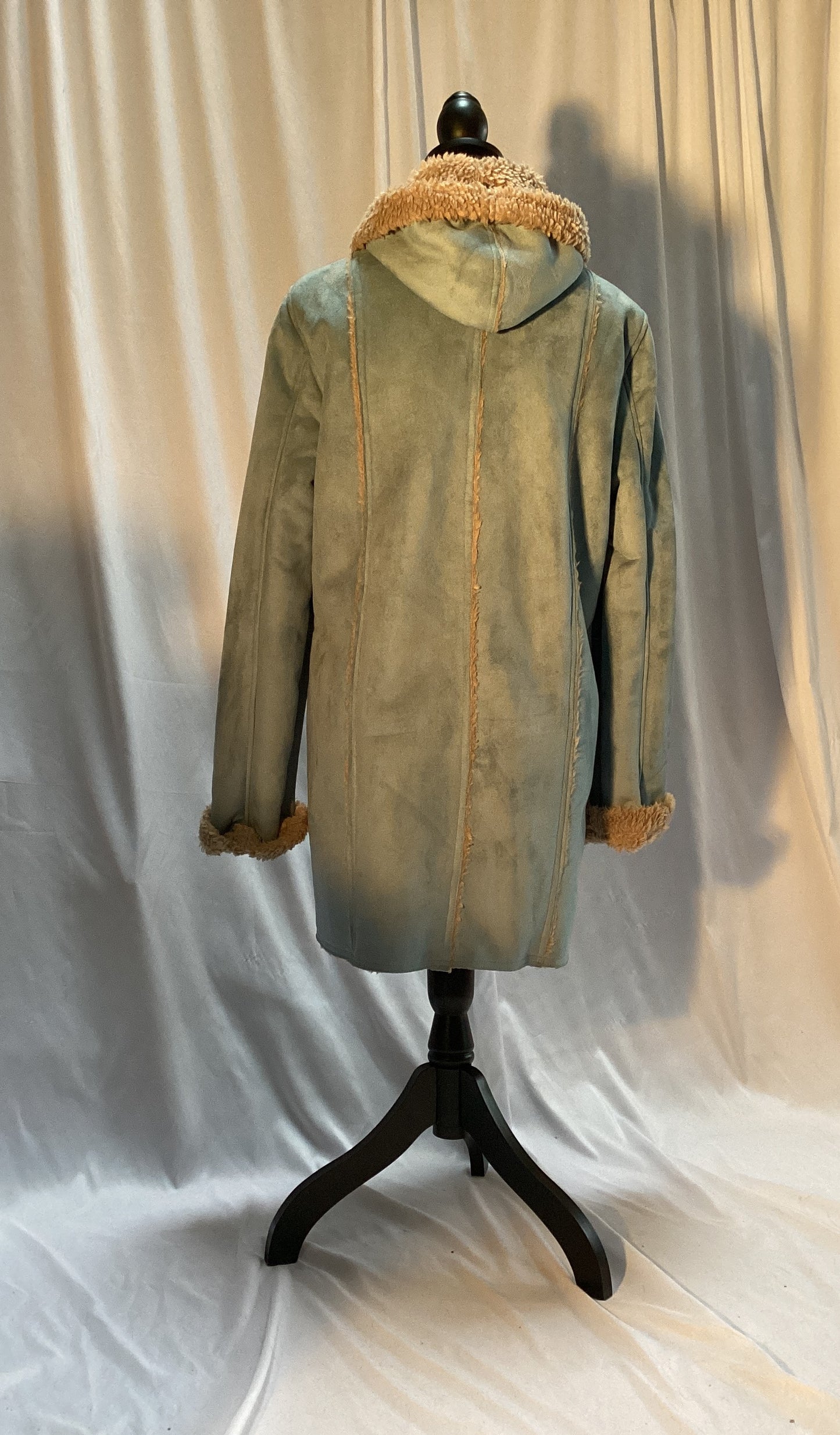 FLEECE LINED SUEDE COAT POWDER BLUE, SIZE LARGE BY OUTER EDGE ACRYLIC POLYESTER