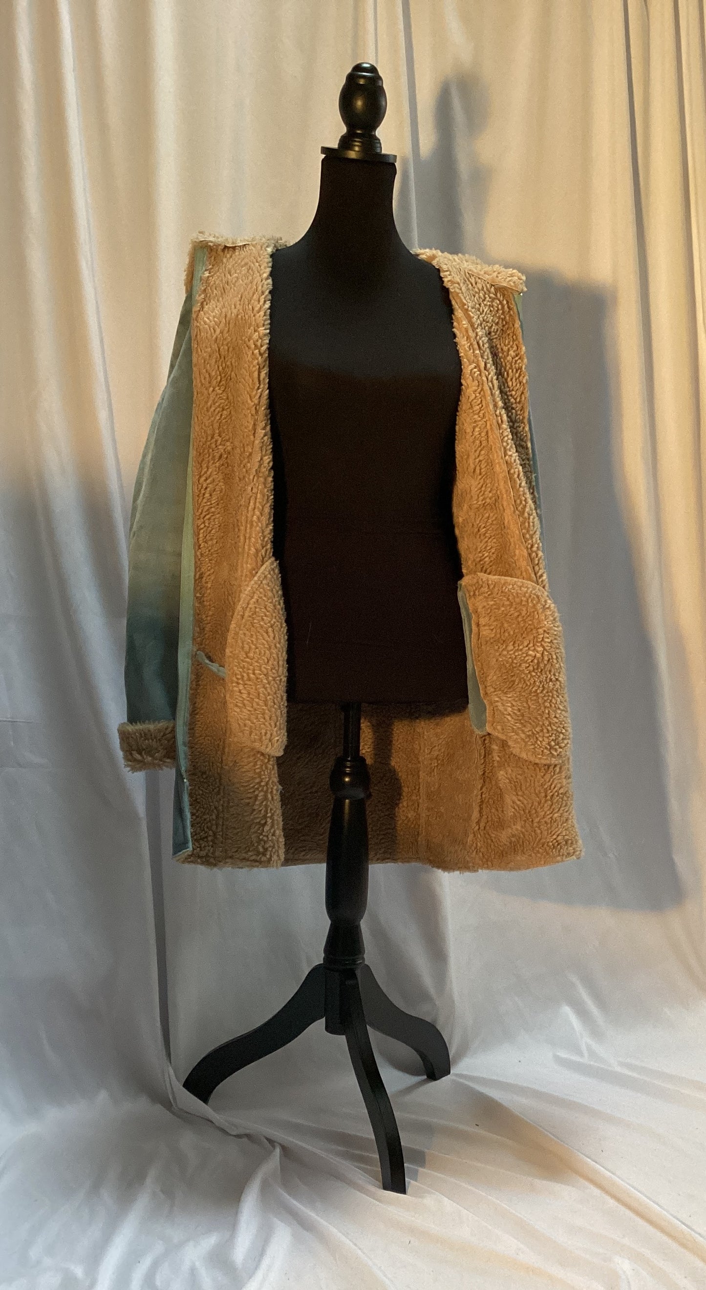 FLEECE LINED SUEDE COAT POWDER BLUE, SIZE LARGE BY OUTER EDGE ACRYLIC POLYESTER