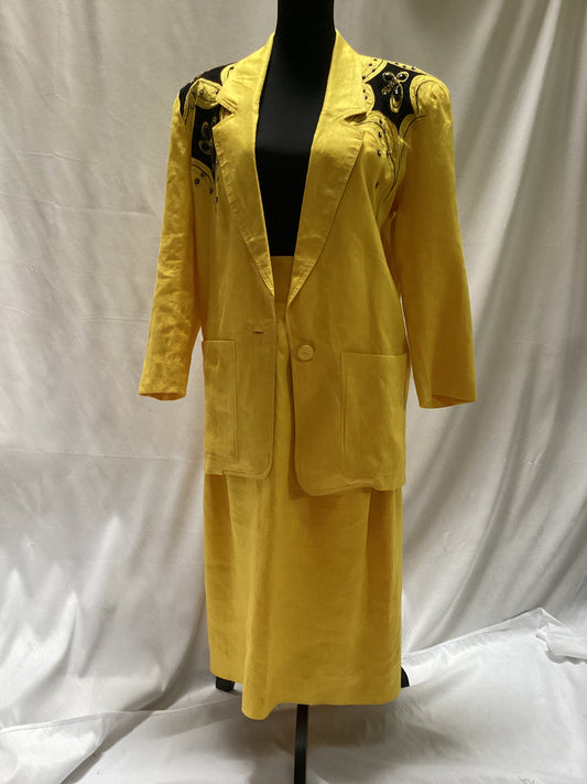 Lily Chao - Yellow Linen 2 Piece Suit size medium, sequin and leather applique