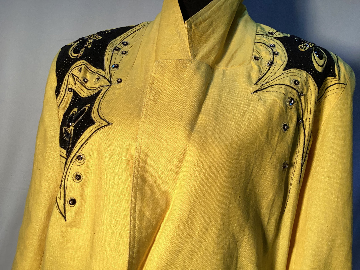 Lily Chao - Yellow Linen 2 Piece Suit size medium, sequin and leather applique