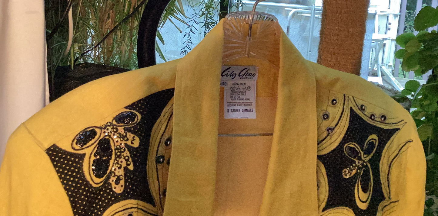 Lily Chao - Yellow Linen 2 Piece Suit size medium, sequin and leather applique