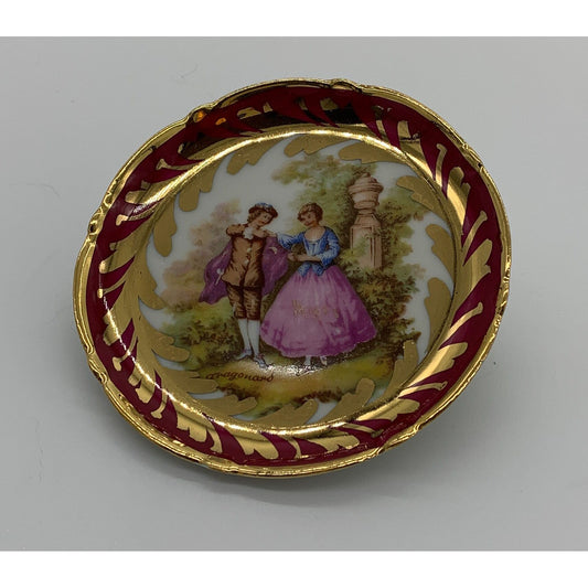 Objet D'Art France Vintage Limoges, Miniature porcelain plate, cranberry with gold gilt