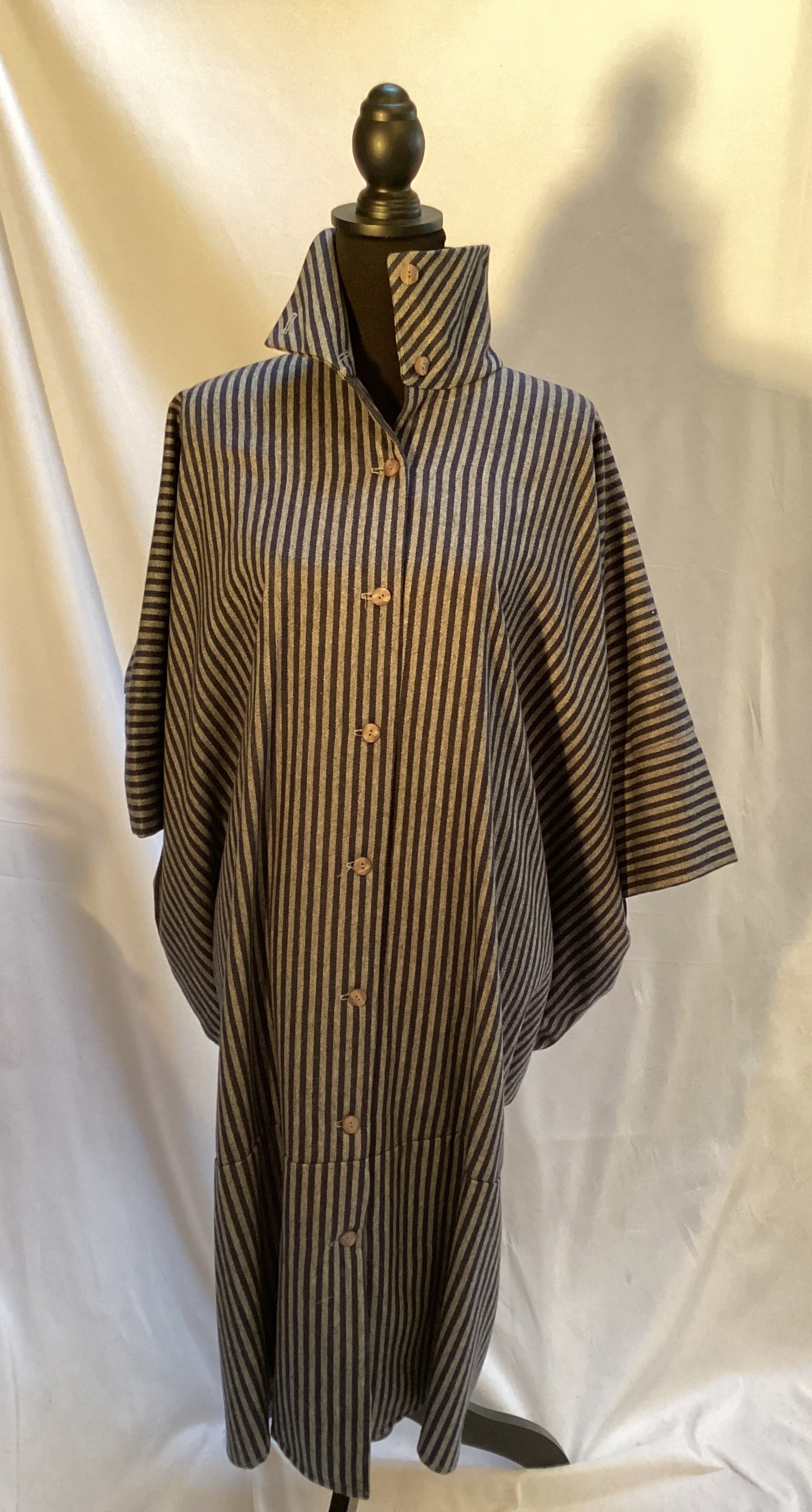 1980's Black and White Cocoon Blanket Style Coat with High Collar and Full Back