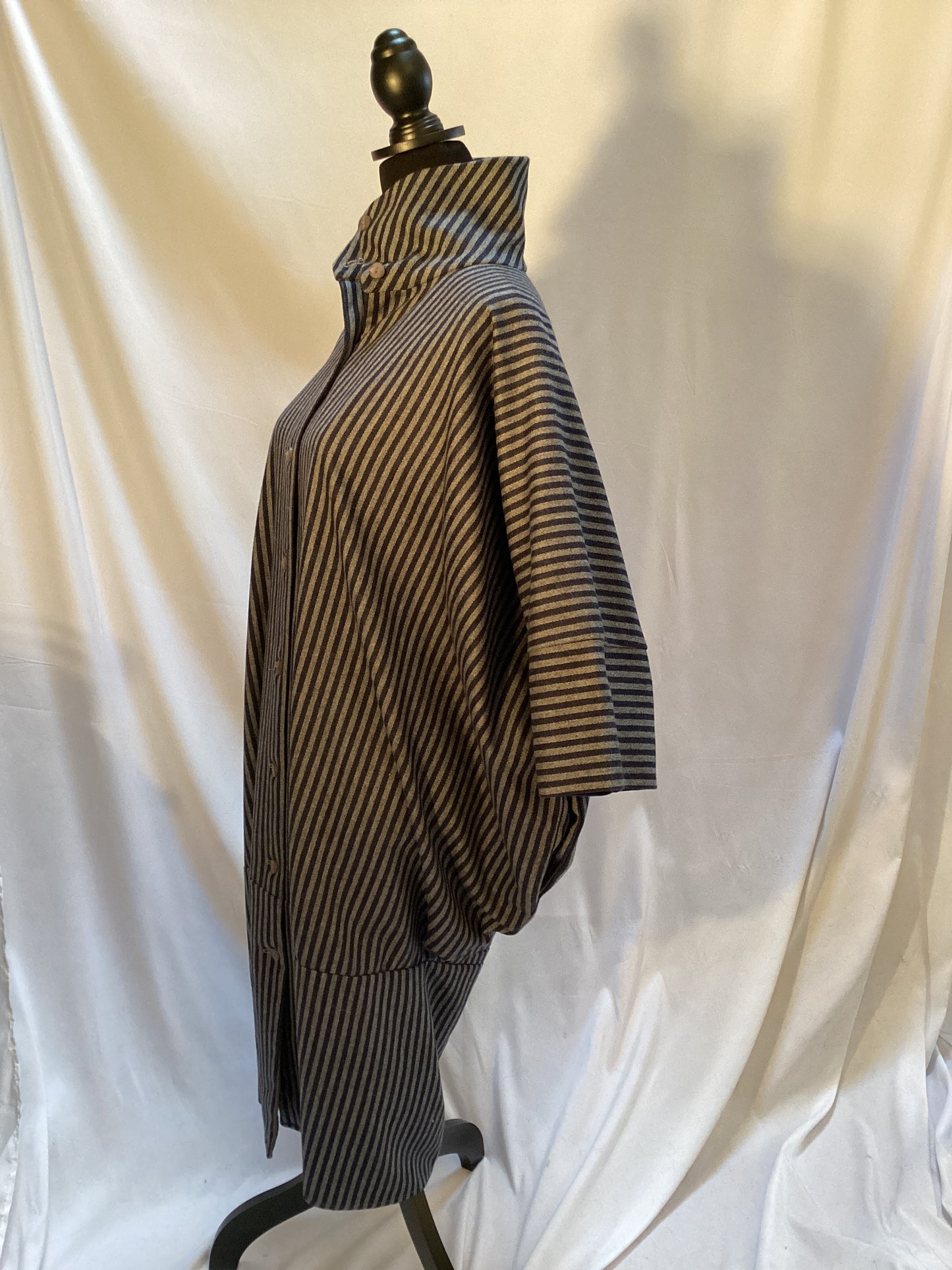 1980's Black and White Cocoon Blanket Style Coat with High Collar and Full Back