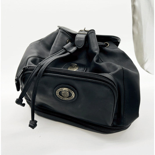 Black leather duffle backpack with pockets