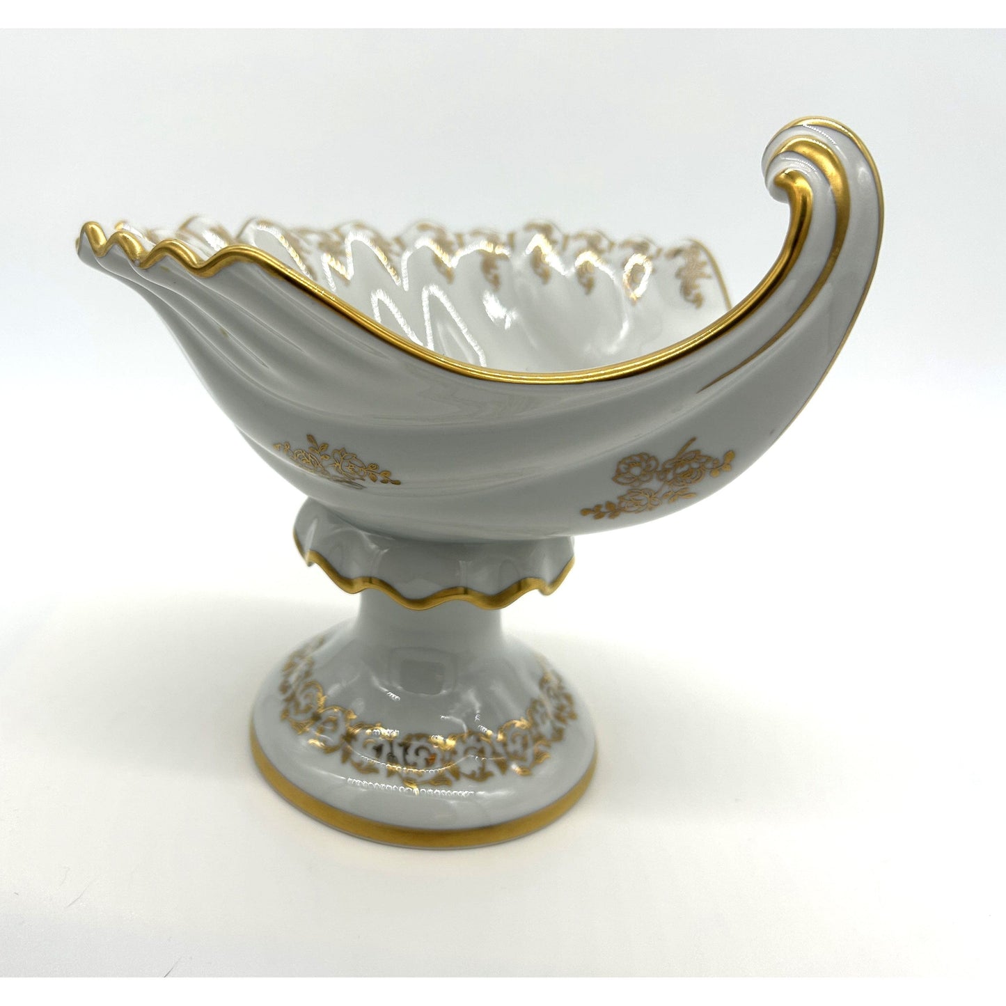 BOWL Fluted Pedestal Gold Trimmed small flower accents - Vintage Rare Porcelain Oyster Candy bowl dish