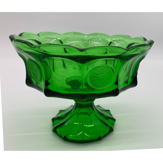 GREEN GLASS FLUTED PEDESTAL BOWL