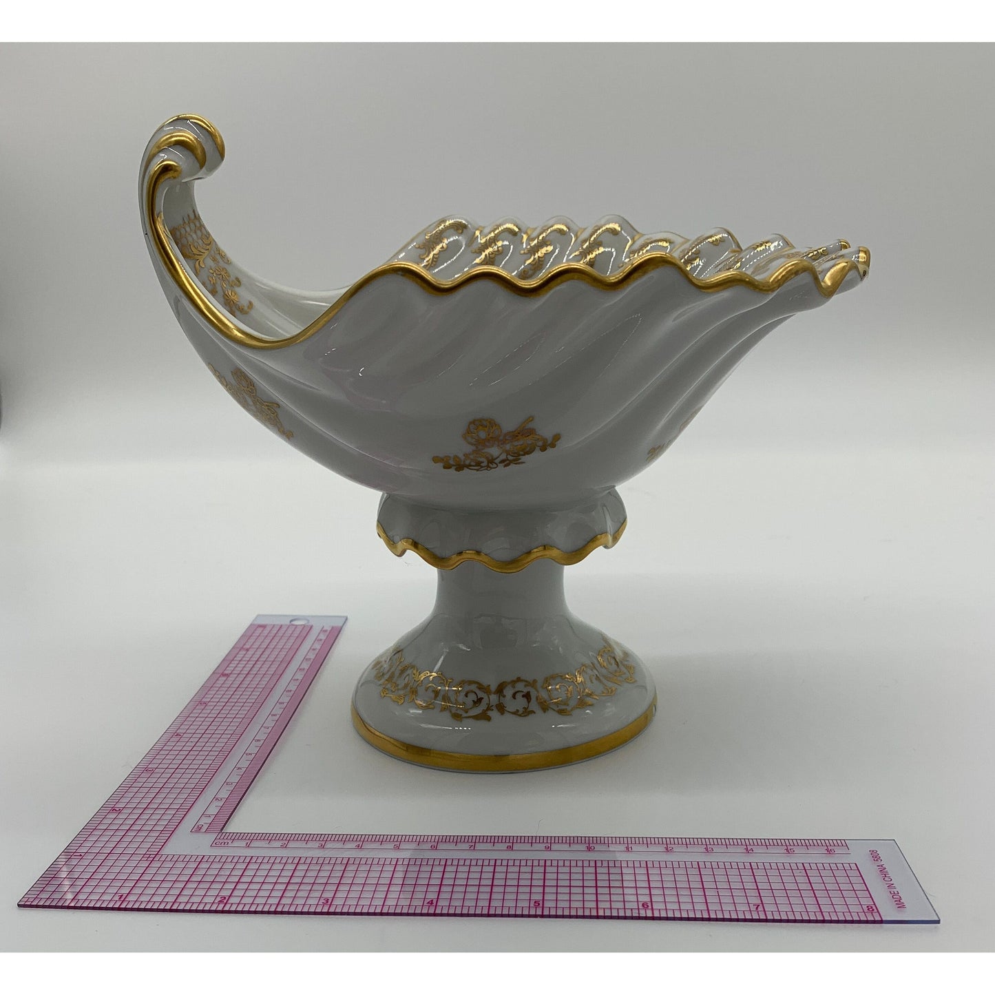 BOWL Fluted Pedestal Gold Trimmed small flower accents - Vintage Rare Porcelain Oyster Candy bowl dish