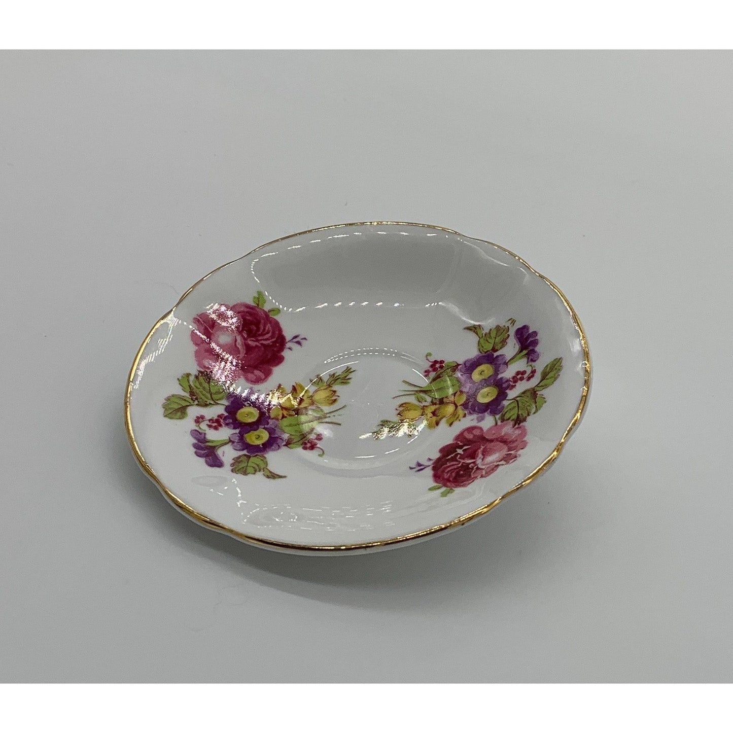 Small Flowered Saucer, Ivory with red, gold and green, gold edging